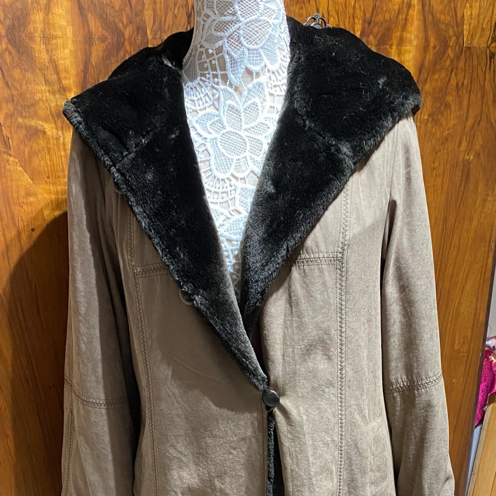 Long Tan Coat with Black Fur Trim and hood